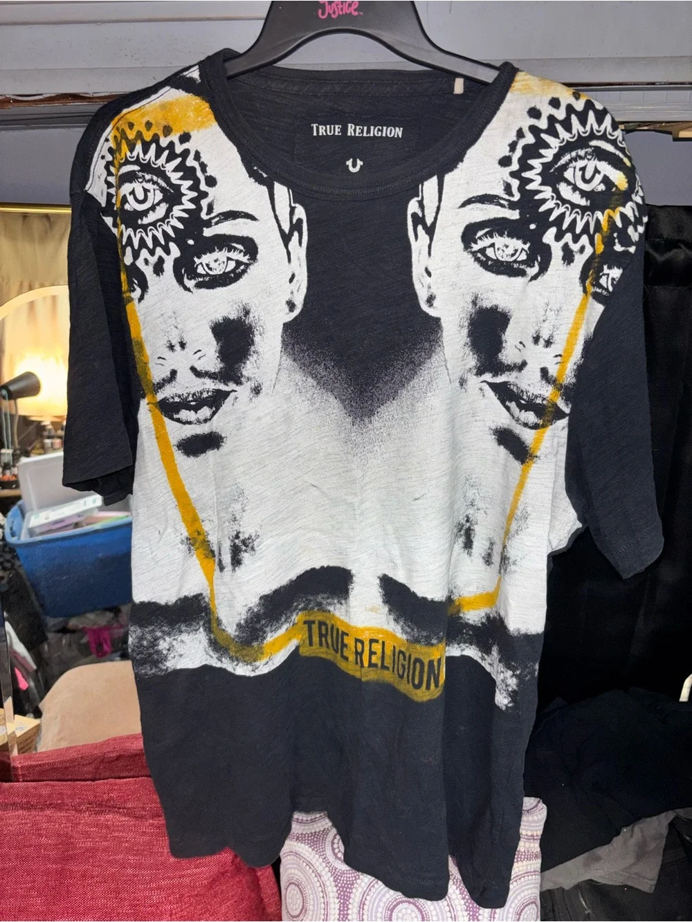 True Religion Black White Tee with Yellow Frame Graphic